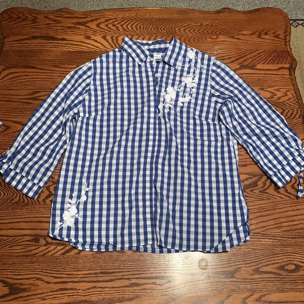 Croft & Barrow embroidered blue/white check blouse. Size L.